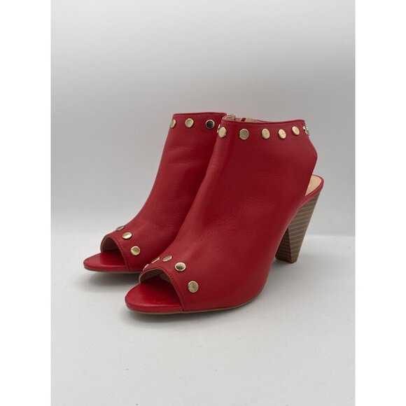 Vince Camuto Red Leather Peep-Toe Studded Bootie Heels 7.5W With Zipper Closure - Picture 1 of 8